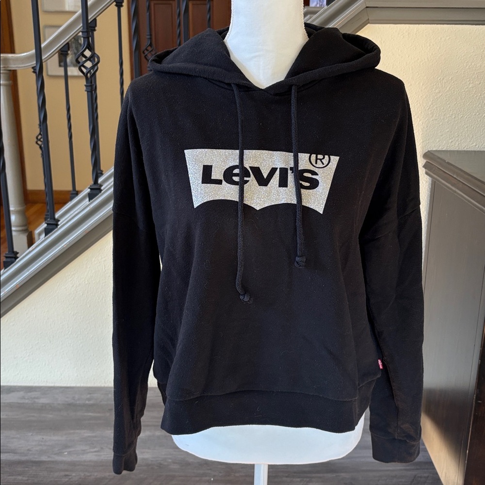 Levi’s Black Hooded Drawstring Sweatshirt Size Small With Silver Glitter Logo
